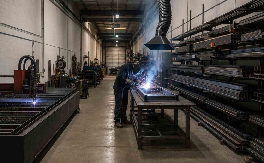 Workshop interior with fabrication machinery